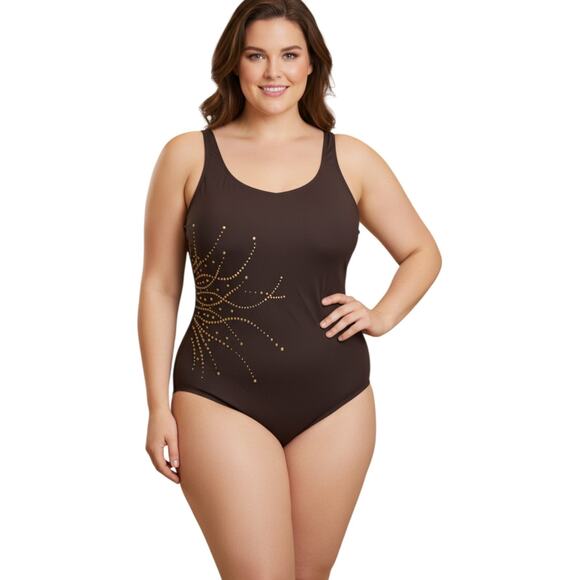 Longitude Other - Longitude One Piece Swimsuit 22W NWT Tummy Control Long Torso Sunrise Gold Bling